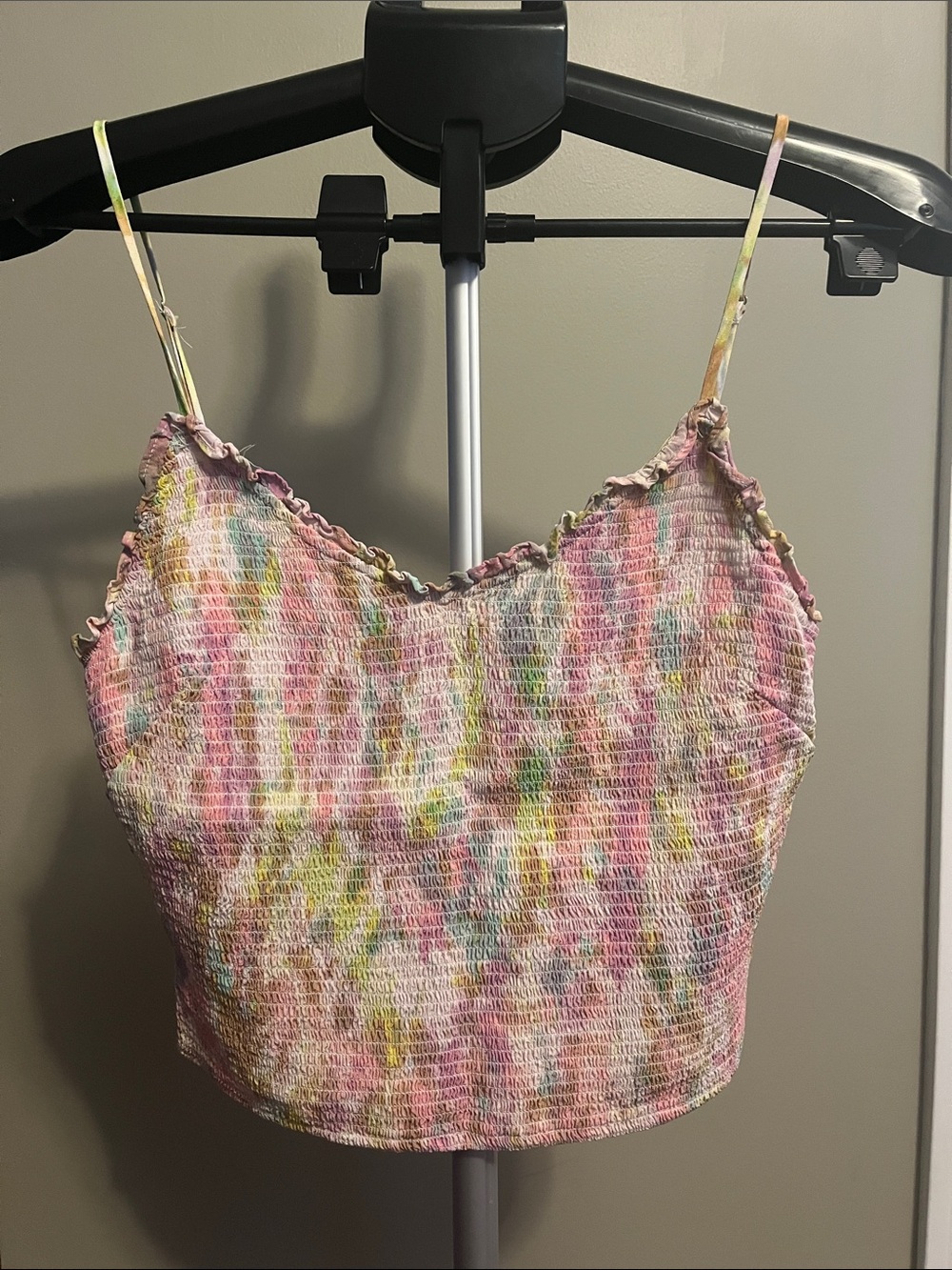 Astr Tie-Dye Smocked Crop Cami - Pink Multi - Size Medium - Picture 2 of 7
